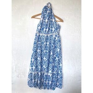 Cupshe Blue White Medallion Halter Maxi Dress‎ Size L Beach Vacation Resort